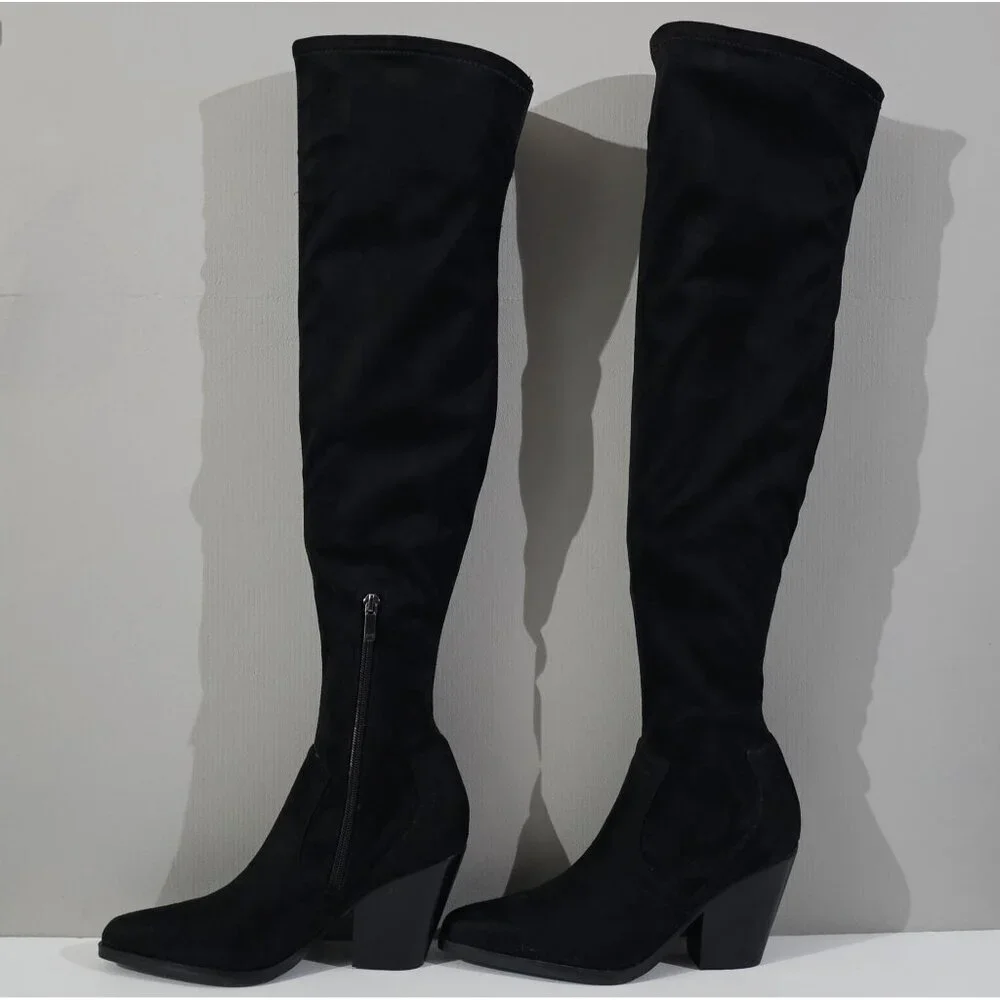 Marc Fisher Cathi Over The Knee Boot Women 7.5 Black Pointed Toe Tall Block Heel